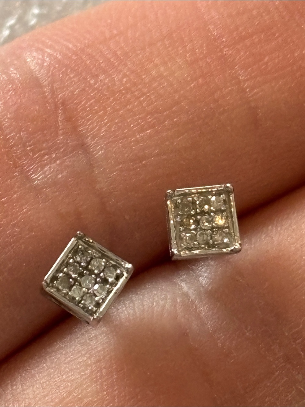 10k White Gold Square Cluster Diamond Stud Screw Back Earrings